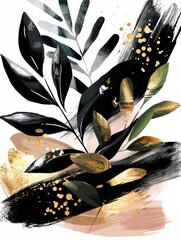 A painting featuring a plant with leaves in striking gold and black colors, creating a visually captivating contrast