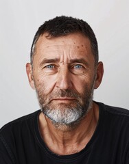 Obraz premium ID Photo for Passport : European elderly person man with straight short black hair and blue eyes, medium beard, without glasses and wearing a black t-shirt