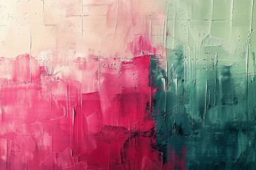 Graphic design of a modern abstract painting with a bold gradient from pastel pink to light green,