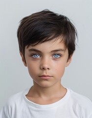 ID Photo for Passport : European child boy with straight short black hair and blue eyes, without glasses and wearing a white t-shirt