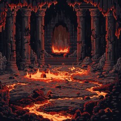 Pixel art depiction of a fiery underground corridor leading to a throne room, evoking a video game dungeon adventure concept