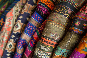 Macro view of a colorful array of traditional fabrics from around the world, each pattern telling the story of its people and heritage 