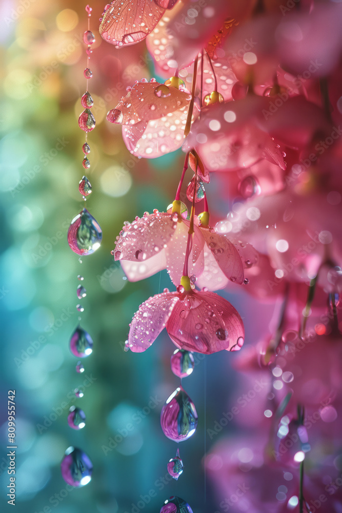 Poster Artistic interpretation of a spring shower with raindrops showing a color gradient from pastel pink to light green,