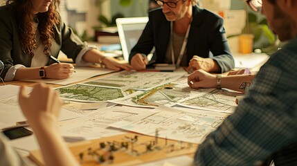 A dynamic image of a creative team intensely discussing and reviewing design layouts and digital content, captured in a modern office setting