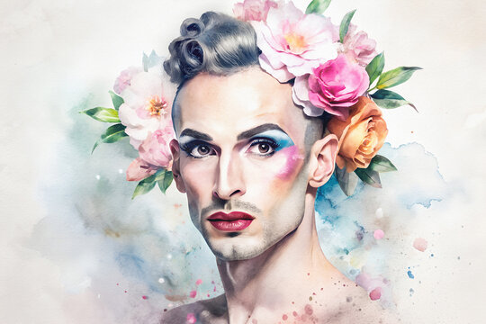 Pintura en acuarela de Drag Queen hombre con fondo de flores. Hombre sobre fondo de flores de colores. 