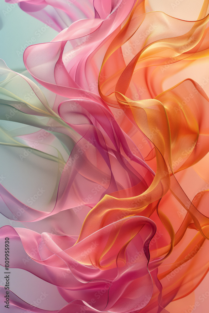 Poster Graphic design of an abstract wave pattern with a smooth transition from pastel pink to light green,