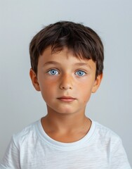 ID Photo for Passport : European child boy with straight short black hair and blue eyes, without glasses and wearing a white t-shirt