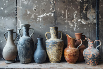 Antique ceramic clay long pottery jugs and vases