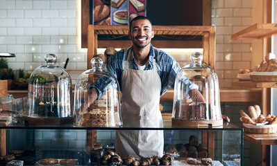 Bakery, happy and portrait of man in cafe ready for serving pastry and baked foods for small...