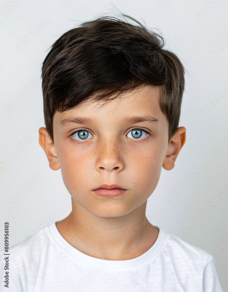 Wall mural id photo for passport : european child boy with straight short black hair and blue eyes, without gla