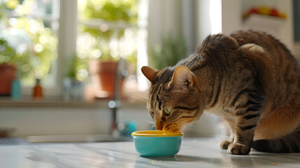 Happy and healthy looking Domestic Short Hair cat standing on japandi style kitchen with subtle colourful features and a table top made out of white marble