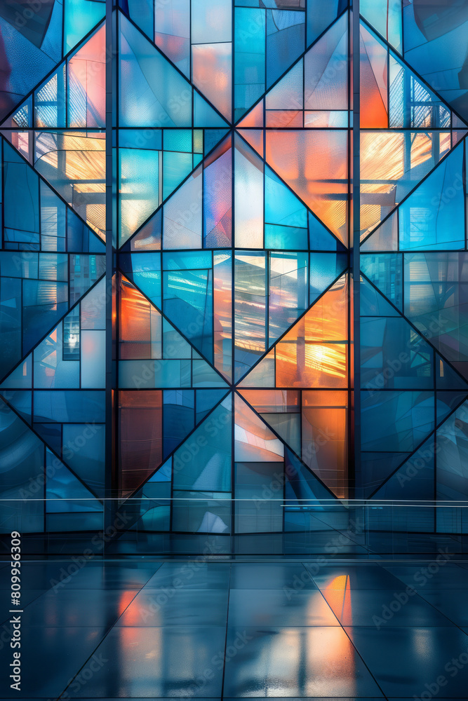 Fototapete Geometric abstraction with a deep gradient and triangular forms that appear to advance and recede,