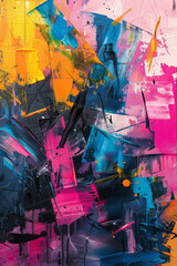 Abstract expressionist painting with a chaotic gradient and sharp, angular lines cutting through,