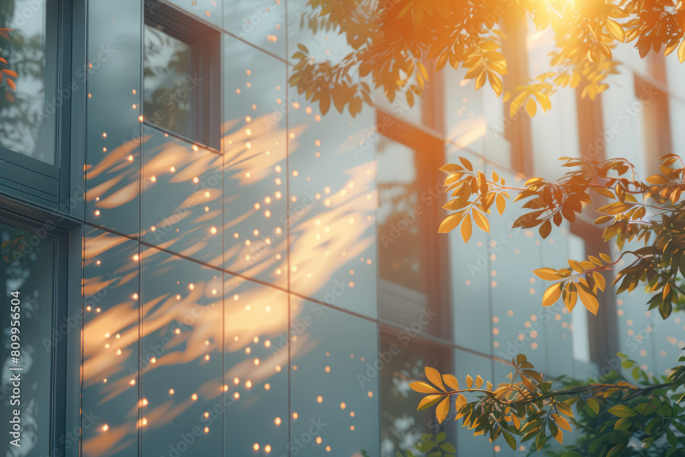 Fototapete architectural rendering of a modern building facade with a gradient and dynamic patterned shadows,