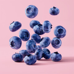 A bunch of blueberries are flying through the air. Concept of motion and energy, as if the blueberries are in mid-flight. The vibrant blue color of the berries adds to the visual appeal of the scene