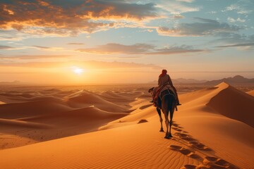 A man is riding a camel in a desert with a beautiful sunset in the background