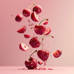 Fototapeta premium A close up of cherries with water droplets falling from them. The cherries are in various stages of being eaten, with some already cut in half. Concept of freshness and vitality