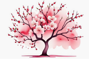 Tree colorful blossom foliage in varying shades, representing season spring, isolated on white background in watercolor style.