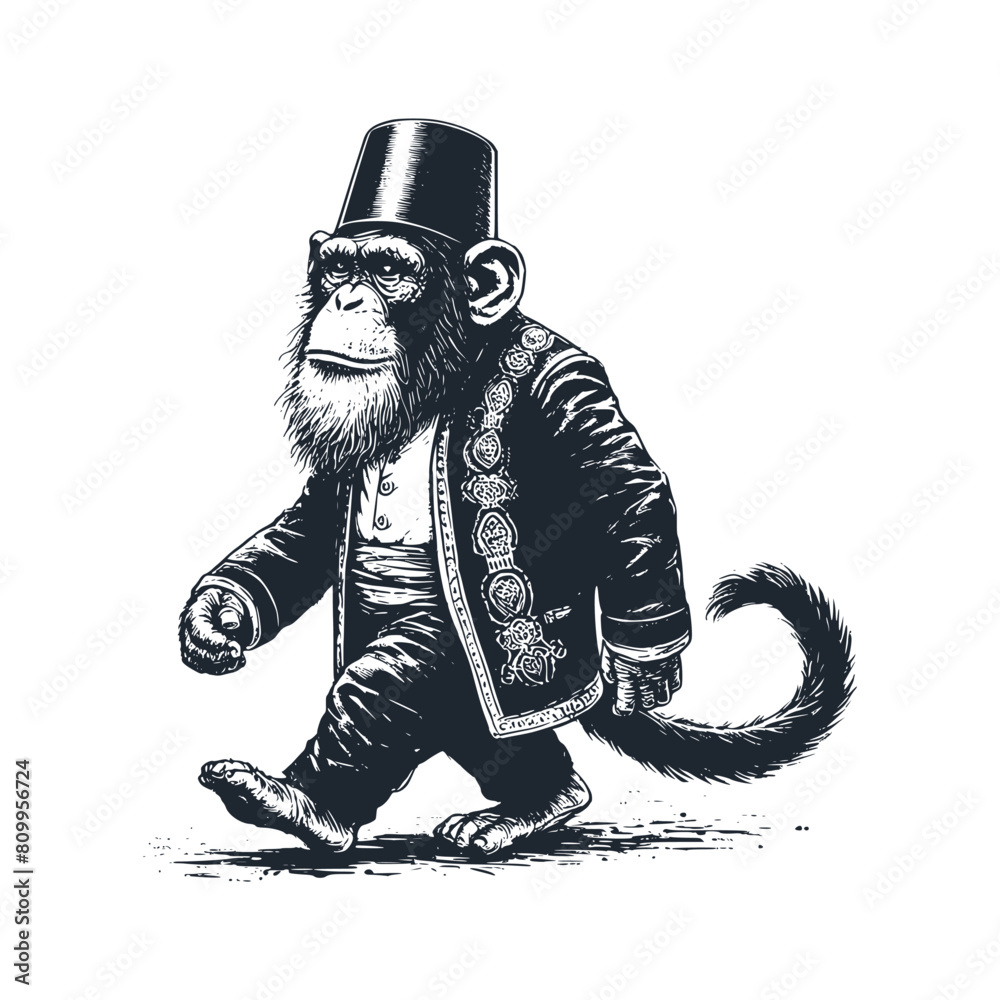 Wall mural The chimpanzee wear a turkish suit. Black white vector logo illustration. 