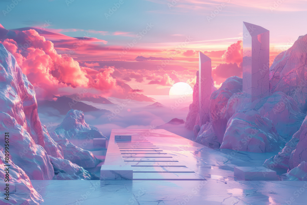 Poster concept art for a virtual reality environment with a gradient sky and interactive geometric objects,
