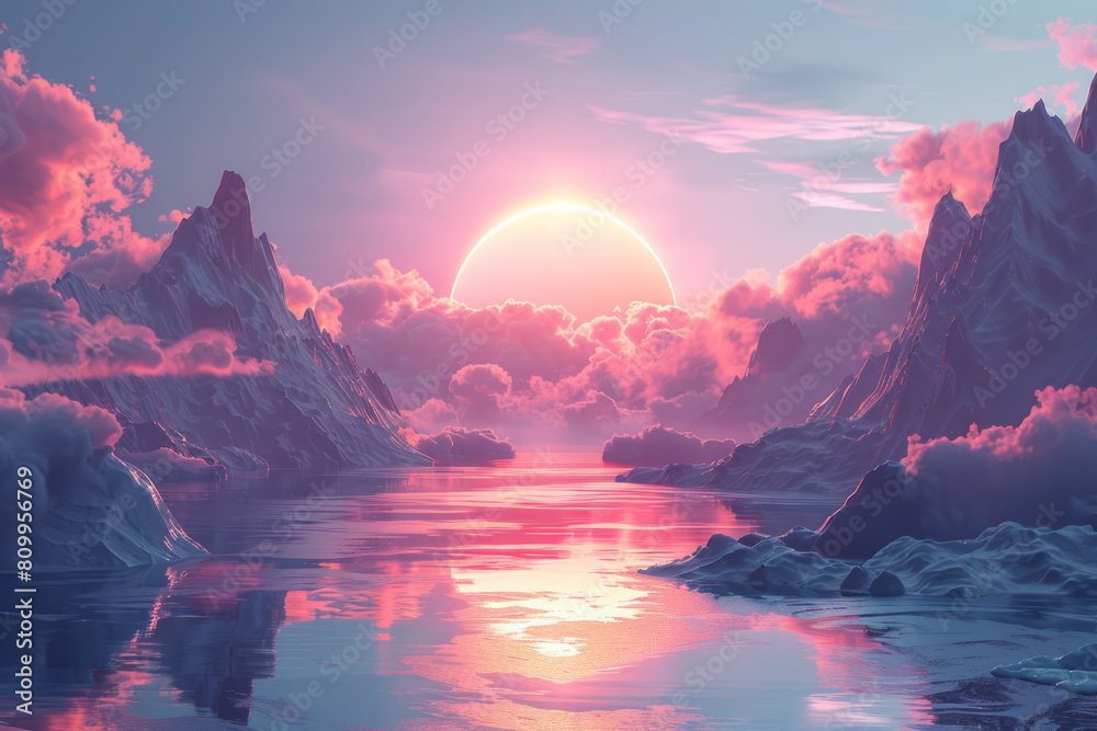 Poster concept art for a virtual reality environment with a gradient sky and interactive geometric objects,