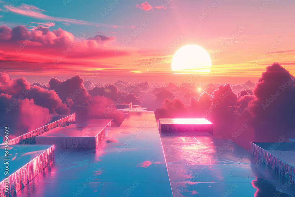 Poster concept art for a virtual reality environment with a gradient sky and interactive geometric objects,