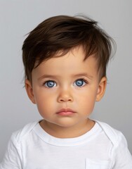 ID Photo for Passport : European baby boy with straight short black hair and blue eyes, without glasses and wearing a white t-shirt