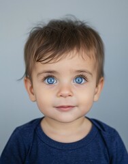 ID Photo for Passport : European baby boy with straight short black hair and blue eyes, without glasses and wearing a navy t-shirt