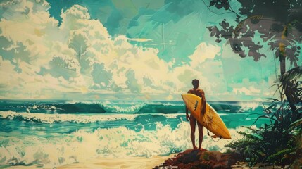 A painting depicting a man standing on a beach, holding a surfboard under his arm. - Powered by Adobe