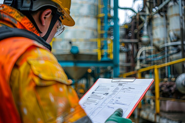 A safety officer is checking on the hazardous material checklist form with chemical storage area at the factory as background