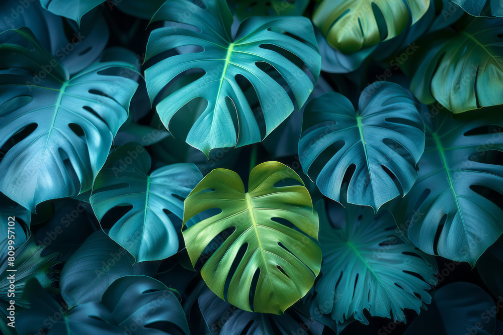 Aufkleber Digital wallpaper design with a vibrant gradient from lime green to turquoise highlighted by overlapping tropical foliage,