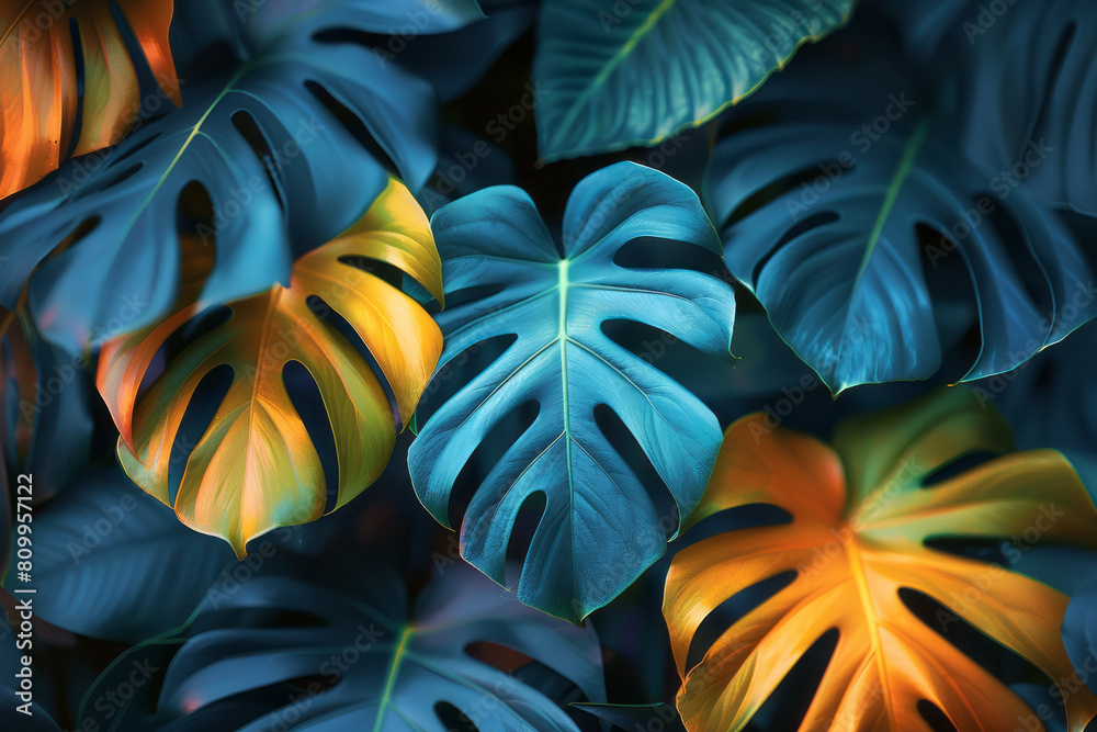 Poster Digital wallpaper design with a vibrant gradient from lime green to turquoise highlighted by overlapping tropical foliage,