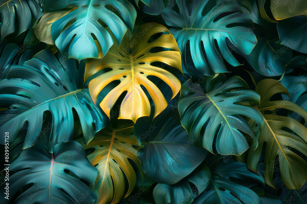 Aufkleber Digital wallpaper design with a vibrant gradient from lime green to turquoise highlighted by overlapping tropical foliage,