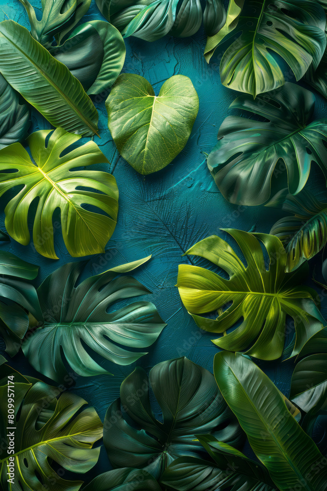 Poster modern textile pattern with a green to blue gradient background and scattered tropical leaves for a 