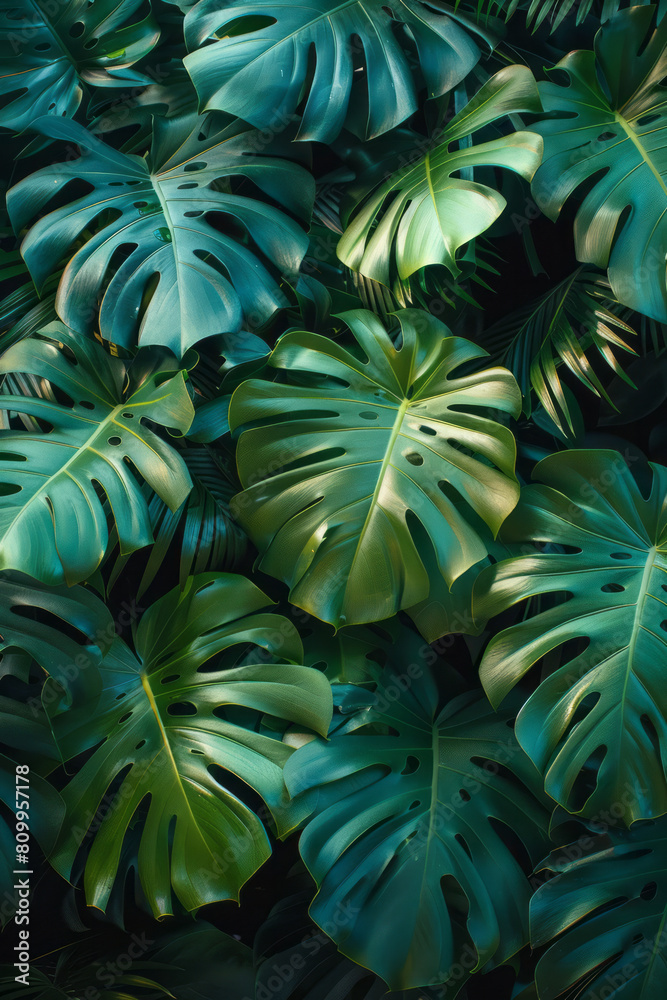 Poster Modern textile pattern with a green to blue gradient background and scattered tropical leaves for a lush feel,
