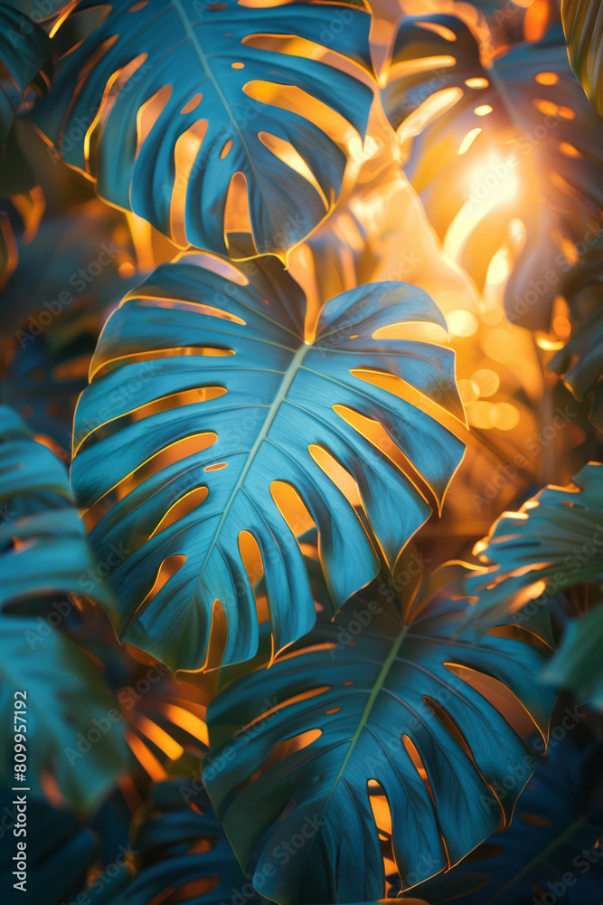 Poster modern textile pattern with a green to blue gradient background and scattered tropical leaves for a 