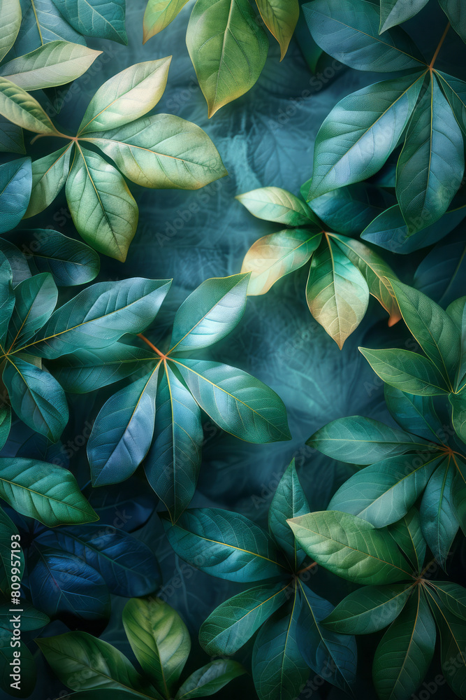 Poster modern textile pattern with a green to blue gradient background and scattered tropical leaves for a 