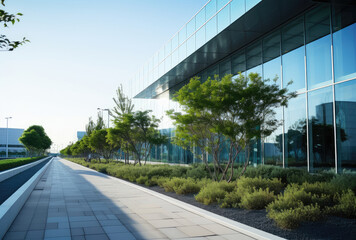 Modern Office Building Exterior with Landscaped Pathway