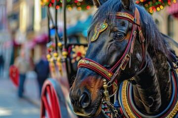 Close up of a horse-drawn carriage in a busy city setting. Ideal for transportation concepts