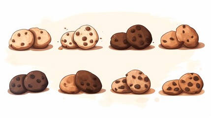 chocolate chip cookies. Some are light brown, some are dark brown, and some have chocolate chips.