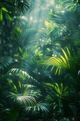 Cinematic background for a tropical jungle scene, with a gradient from moss green to twilight blue,