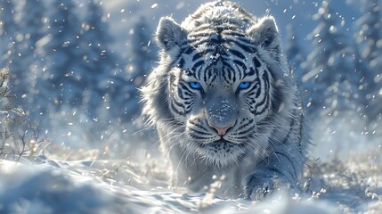 A majestic white tiger, prowling against a backdrop of snow-covered landscape, its piercing blue eyes and powerful stance