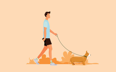 Vector illustration of a boy wearing a T-shirt and casual pants, walking a Corgi dog.