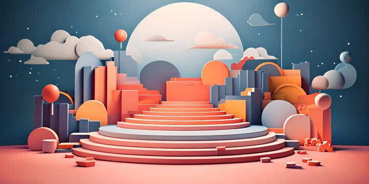 Product banner, paper illustration, podium platform with a background of geometric shapes, and paper. 4K Video
