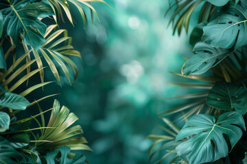 Travel blog header with a dreamy gradient from forest green to aquamarine, decorated with tropical foliage,