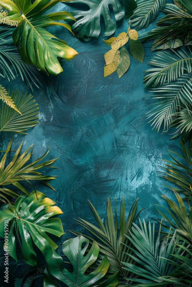 Aufkleber event menu design with a green to blue gradient background and delicate tropical leaf borders,