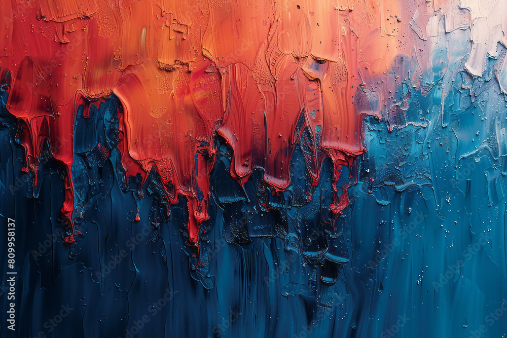 Poster abstract art piece transitioning from calm blue to vibrant red, representing a shift from tranquilit
