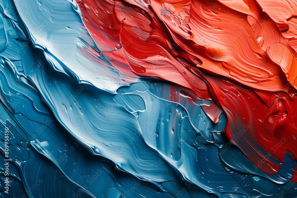 Poster Abstract art piece transitioning from calm blue to vibrant red, representing a shift from tranquility to excitement,