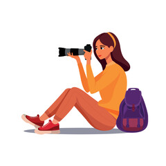 Vector illustration of a long-haired girl sitting on the ground, holding a camera and taking a photo.