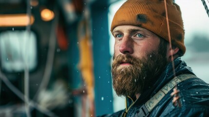 Smiling fisherman carrying fish crate